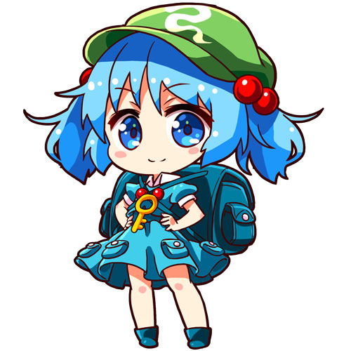 1girl backpack bag blue_boots blue_dress blue_eyes blue_hair blush_stickers boots chibi dress flat_cap full_body green_hat hair_bobbles hair_ornament hands_on_hips hat kawashiro_nitori key looking_at_viewer lowres matching_hair/eyes pocket puffy_short_sleeves puffy_sleeves renren_(ah_renren) short_sleeves simple_background smile solo standing touhou twintails white_background