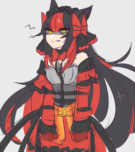 &gt;:( 1girl animal_ears annoyed bangs bare_shoulders black_bow black_hair blunt_bangs bow breasts chains cuffs dress eyebrows_visible_through_hair eyes_visible_through_hair fang fang_out frilled_dress frilled_sleeves frills frown gloves green_pupils hair_bow hime_(ohime_pkg) incineroar lolita_fashion long_hair long_sleeves maid_headdress medium_breasts multicolored_hair off_shoulder pokemon pokemon_(game) pokemon_sm red_gloves redhead shackles shaded_face simple_background sketch slit_pupils solo striped striped_bow tiger_ears underbust very_long_hair