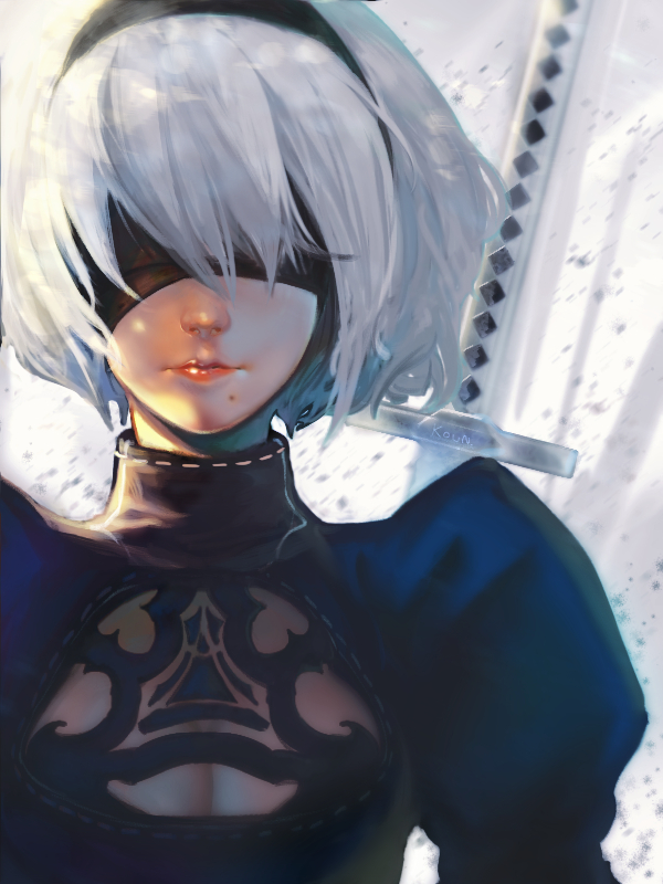 1girl blindfold cleavage_cutout kou_(pixiv3841298) lips long_sleeves mole mole_under_mouth nier_(series) nier_automata puffy_long_sleeves puffy_sleeves short_hair solo sword upper_body weapon white_hair yorha_unit_no._2_type_b