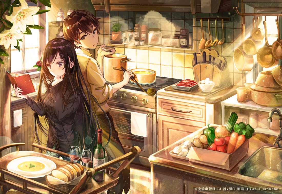 1boy 1girl bell_pepper black_hair book bottle bread brown_eyes brown_hair carrot cooking cup drinking_glass egg faucet flower food hand_on_own_chin holding kitchen knife ladle lens_flare long_hair meat moemi_tobi mole open_book original oven pepper plate pot potato sink sleeves_rolled_up soup stove tomato window wine_bottle wine_glass