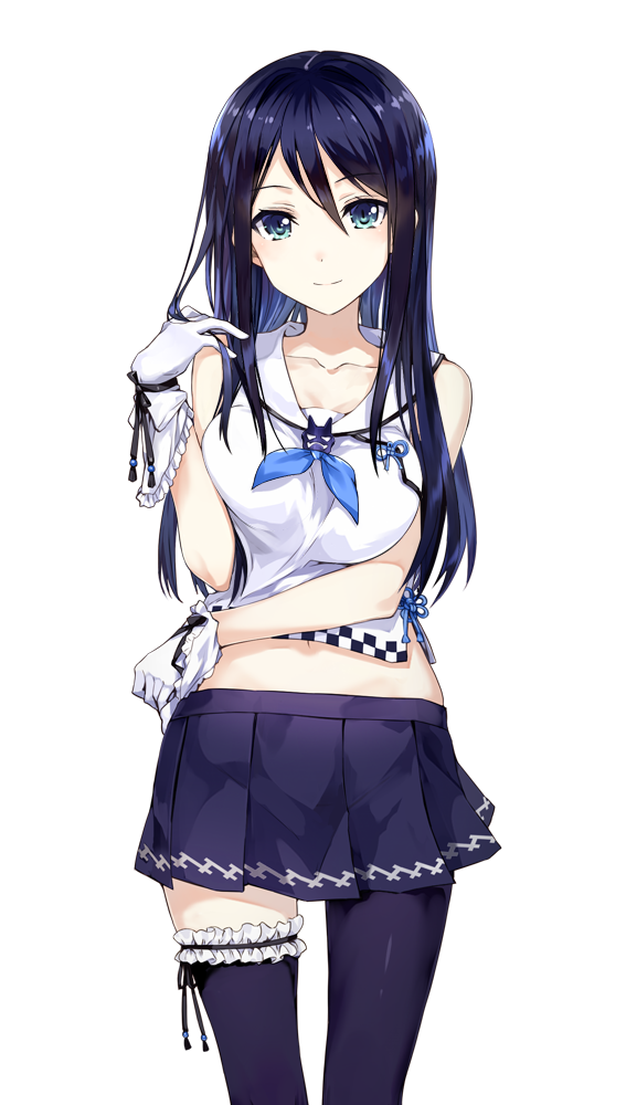 1girl amagai_tarou bangs black_hair blue_eyes blue_skirt breasts collarbone cowboy_shot eyebrows_visible_through_hair female frilled_gloves frilled_legwear frills gloves hair_between_eyes large_breasts long_hair looking_at_viewer midriff mismatched_legwear navel navy_blue_legwear noboribetsu_ayase onsen_musume pleated_skirt school_uniform serafuku simple_background skirt smile solo thigh-highs thighs uniform white_background white_gloves zettai_ryouiki