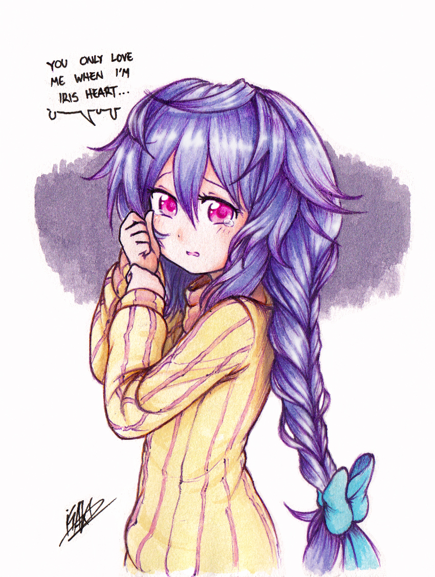 1girl aqua_bow blush bow braid english from_side hair_between_eyes hair_bow isaki_tanaka kami_jigen_game_neptune_v long_hair long_sleeves looking_at_viewer neptune_(series) parted_lips pink_eyes ponytail purple_hair pururut ribbed_sweater signature solo speech_bubble sweater tears turtleneck white_background yellow_sweater