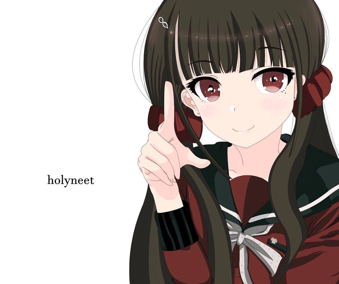 1girl bangs black_hair brown_hair dangan_ronpa hair_scrunchie hairclip harukawa_maki long_hair new_dangan_ronpa_v3 red_eyes school_uniform solo