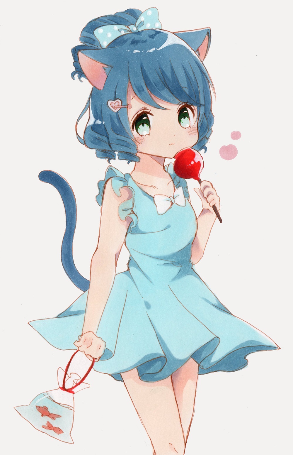 1girl :3 animal_ears artist_request blue_dress blue_hair blush bow candy_apple cat_ears cat_girl cat_tail cyan_(show_by_rock!!) dress fish food goldfish green_eyes hair_bow hair_ornament hairclip highres short_ponytail show_by_rock!! simple_background solo tail traditional_media