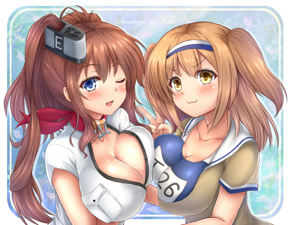 2girls :3 asymmetrical_docking blue_eyes breast_pocket breast_press breasts brown_hair cleavage dress hair_between_eyes hairband i-26_(kantai_collection) kantai_collection large_breasts light_brown_eyes light_brown_hair long_hair multiple_girls new_school_swimsuit old_school_swimsuit one_eye_closed open_clothes open_dress piyobomu ponytail sailor_collar saratoga_(kantai_collection) short_sleeves side_ponytail sidelocks two-tone_hairband two_side_up v white_dress yellow_eyes