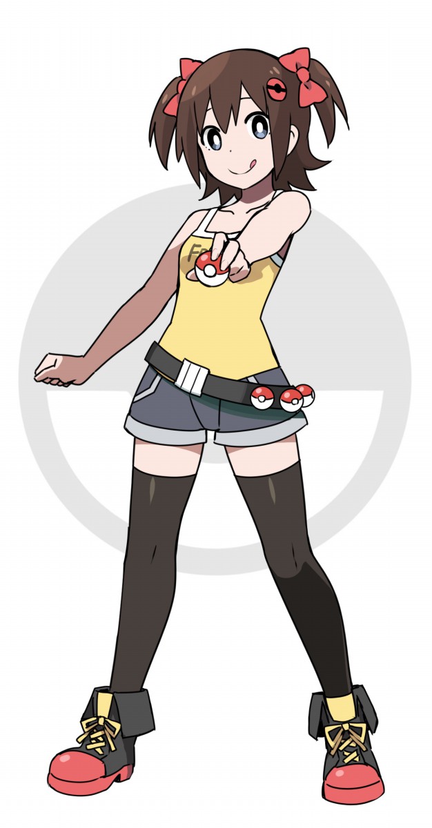 1girl :q bangs beltskirt black_legwear blue_eyes breasts brown_hair camisole closed_mouth full_body hair_between_eyes hair_ribbon highres legs_apart looking_at_viewer original poke_ball poke_ball_hair_ornament pokemon pokemon_trainer red_ribbon ribbon shoes short_shorts shorts simple_background sky_(freedom) sky_(sky-freedom) small_breasts smile sneakers solo standing thigh-highs tongue tongue_out twintails two_side_up white_background