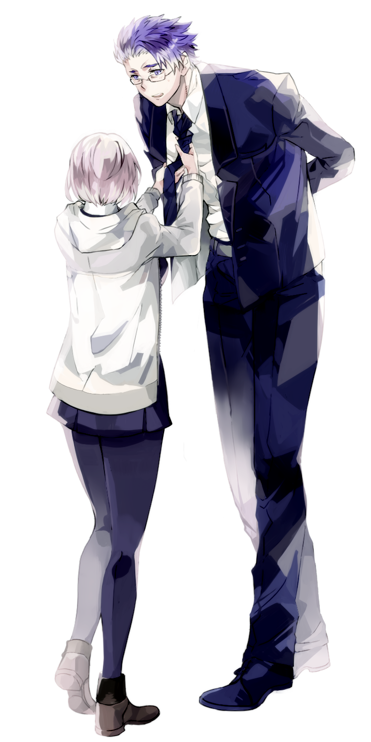 1boy 1girl adjusting_another's_clothes adjusting_clothes adjusting_necktie bespectacled business_suit colored_eyelashes fate/grand_order fate_(series) father_and_daughter formal full_body glasses highres hood hooded_jacket jacket kagami_jīma lancelot_(fate/grand_order) long_sleeves miniskirt necktie pantyhose purple_hair shielder_(fate/grand_order) short_hair skirt standing suit violet_eyes