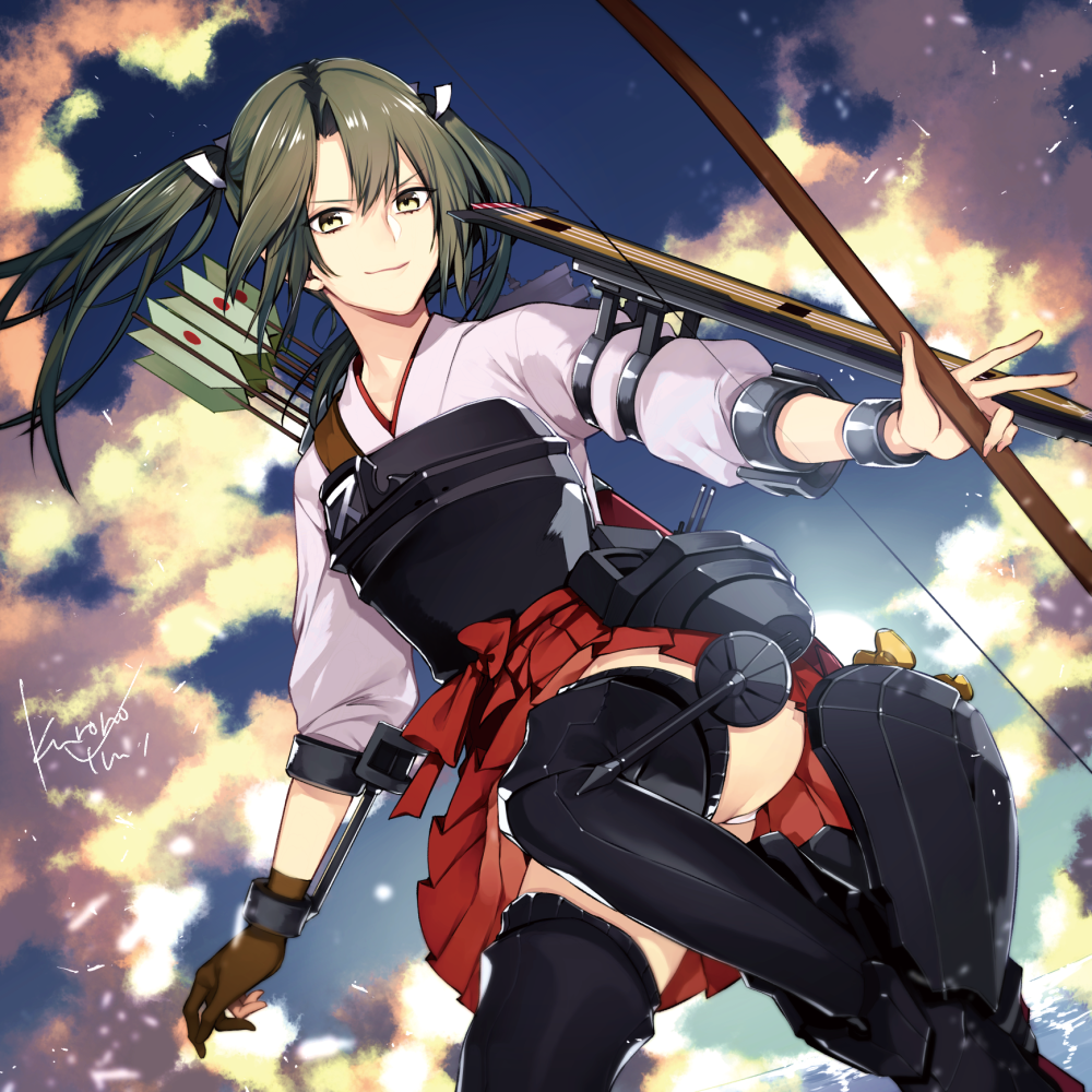 &gt;:) 1girl armor arrow artist_name ass bangs black_boots blue_sky blurry boots bow bow_(weapon) closed_mouth clouds cloudy_sky day depth_of_field fingernails flight_deck floating_hair gloves green_hair hair_ribbon hakama_skirt holding holding_weapon horizon japanese_clothes kantai_collection kurono_yuu long_hair looking_at_viewer miniskirt muneate ocean outdoors panties pantyshot parted_bangs partly_fingerless_gloves pleated_skirt quiver red_bow red_skirt ribbon signature single_glove skirt sky sleeves_past_elbows solo thigh-highs thigh_boots twintails underwear upskirt weapon white_panties white_ribbon yellow_eyes yugake zuikaku_(kantai_collection)