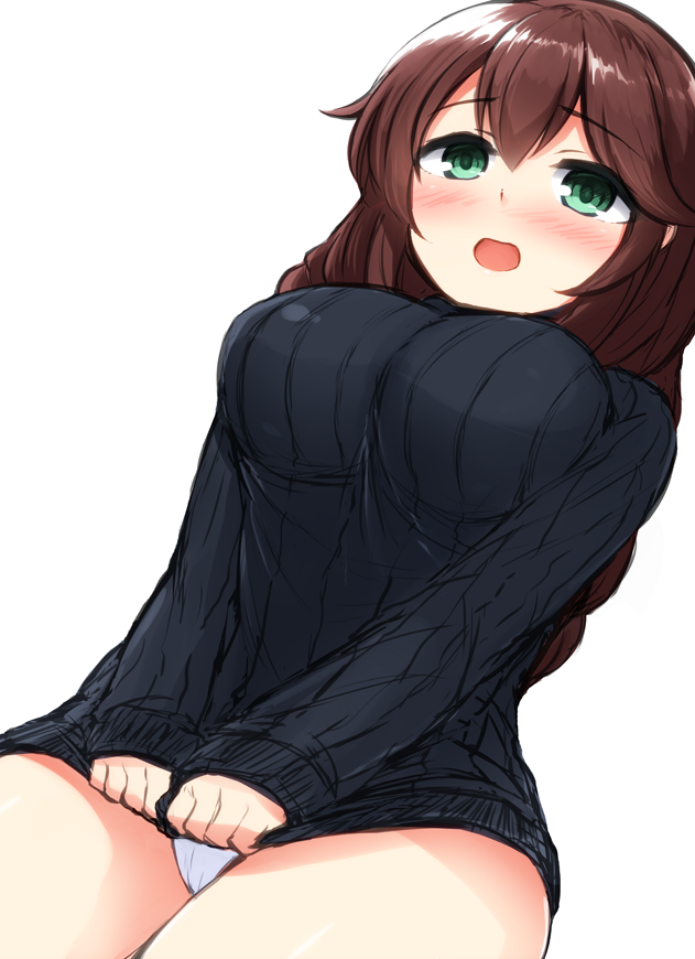 1girl blush braid breasts brown_hair don_(29219) green_eyes kantai_collection large_breasts long_hair noshiro_(kantai_collection) open_mouth panties pantyshot simple_background solo sweater twin_braids underwear upskirt white_background