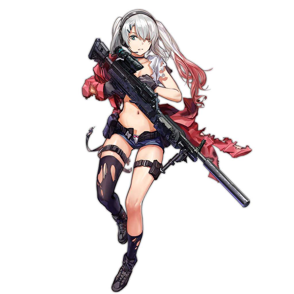 1girl asymmetrical_legwear belt bipod black_gloves black_legwear blue_eyes covering covering_one_breast eyebrows general_dynamics_lwmmg girls_frontline gloves grey_hair hair_between_eyes hair_ornament hair_over_one_eye hairclip headphones headset holster jacket legs long_twintails looking_at_viewer lwmmg_(girls_frontline) multicolored_hair navel off_shoulder official_art one_eye_closed open_clothes open_shorts panties parted_lips red_jacket redhead scope shirt shorts solo strap suppressor thigh-highs torn_clothes torn_jacket torn_shirt torn_thighhighs transparent_background trigger_discipline twintails underwear white_panties white_shirt