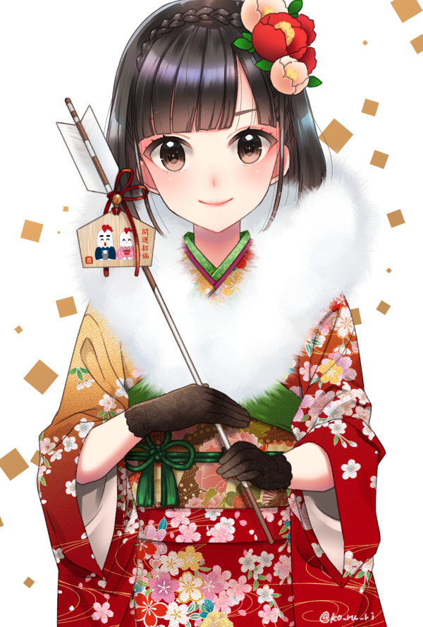 black_hair blush green_eyes kimono new_year official_art short_hair