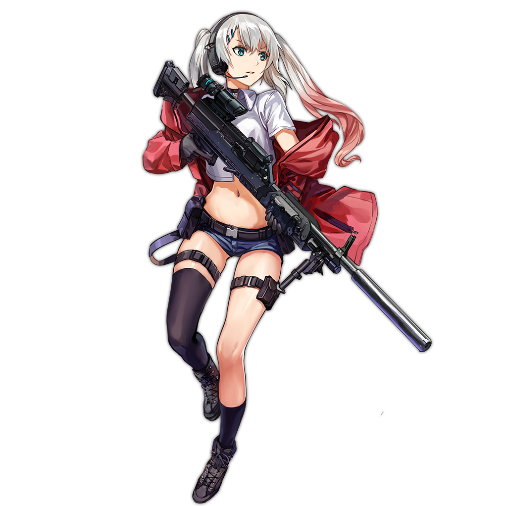 1girl asymmetrical_legwear belt bipod black_gloves black_legwear blue_eyes eyebrows full_body general_dynamics_lwmmg girls_frontline gloves grey_hair gun hair_ornament hairclip headphones headset holding holding_gun holding_weapon holster hood hooded_jacket jacket legs long_twintails looking_away looking_to_the_side lwmmg_(girls_frontline) multicolored_hair navel nose off_shoulder official_art parted_lips personification red_jacket redhead scope shirt shoes shorts solo strap suppressor thigh-highs transparent_background trigger_discipline twintails walking weapon white_shirt