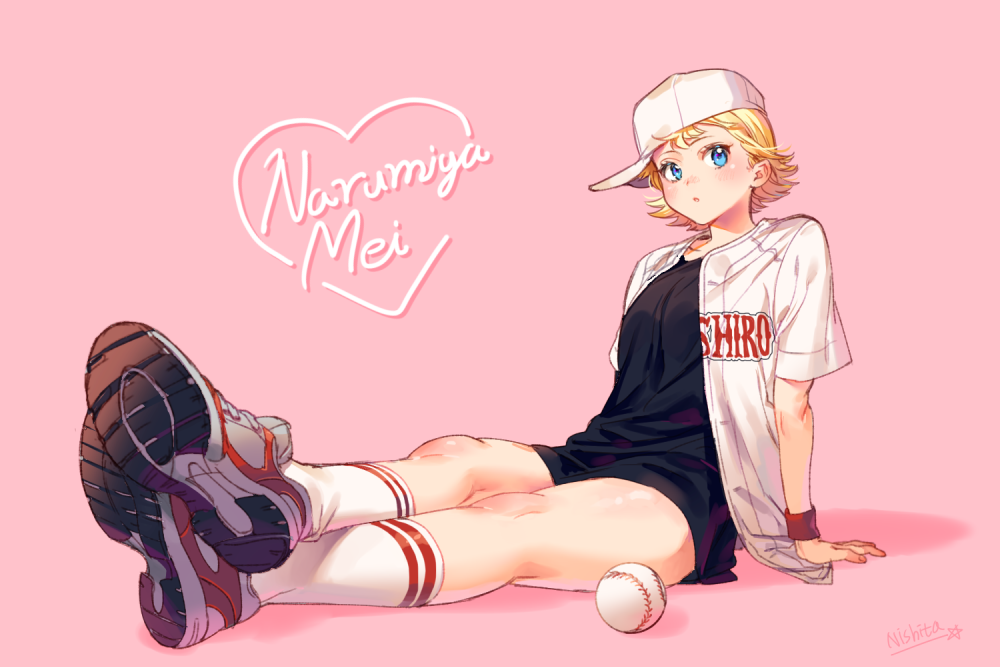 1girl :o ace_of_diamond arm_at_side arm_support ball bangs baseball baseball_cap baseball_uniform black_shorts blonde_hair blue_eyes breasts character_name closed_mouth clothes_writing eyelashes female flipped_hair full_body genderswap genderswap_(mtf) hat heart kneehighs legs_crossed looking_at_viewer looking_to_the_side medium_breasts narumiya_mei ninee pink_background shadow shirt shoe_soles shoes short_hair short_sleeves shorts sideways_hat signature simple_background sitting sneakers solo sportswear t-shirt undershirt white_hat white_legwear wristband