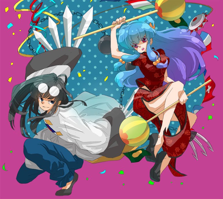 1boy 1girl chinese_clothes double_bun dual_wielding glasses long_hair mousse mumilove purple_hair ranma_1/2 shampoo_(ranma_1/2) weapon