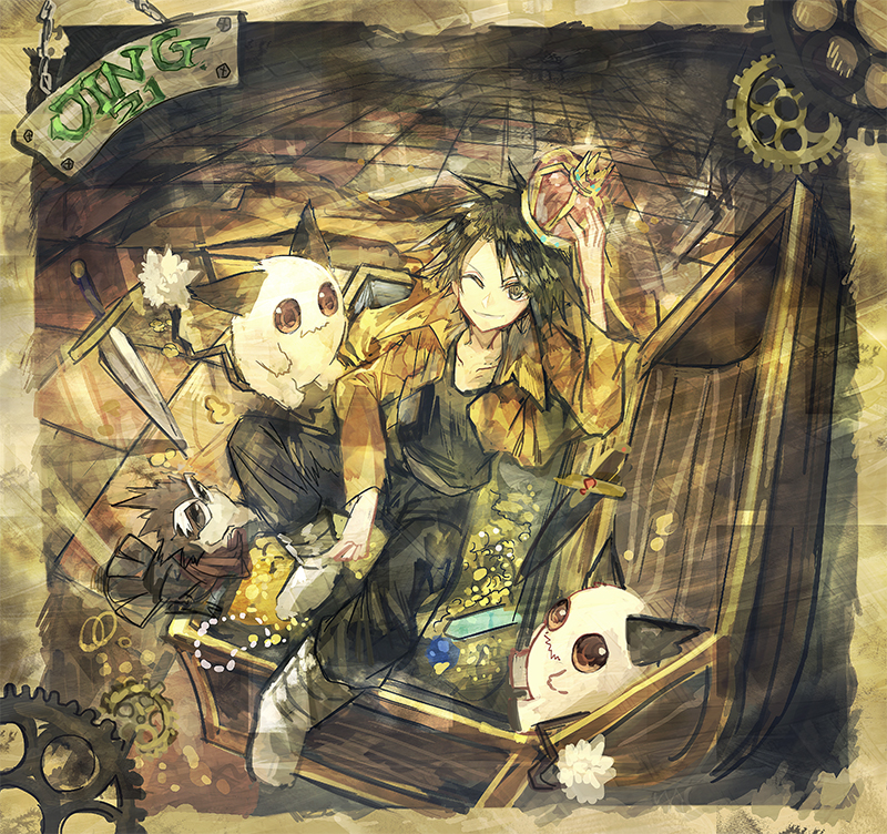 1boy 369minmin adjusting_headwear black_hair black_pants character_name crown dagger from_above gears gem gold grey_shoes jacket jing_(ou_dorobou_jing) jing_king_of_bandits kir_(jing_king_of_bandits) male_focus necklace_removed one_eye_closed pants shoes sitting tile_floor tiles treasure_chest weapon