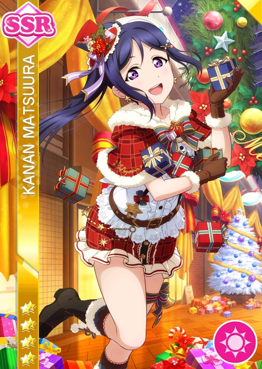 blue_hair blush character_name christmas dress gloves happy long_hair love_live!_school_idol_festival love_live!_sunshine!! matsuura_kanan ponytail purple_eyes