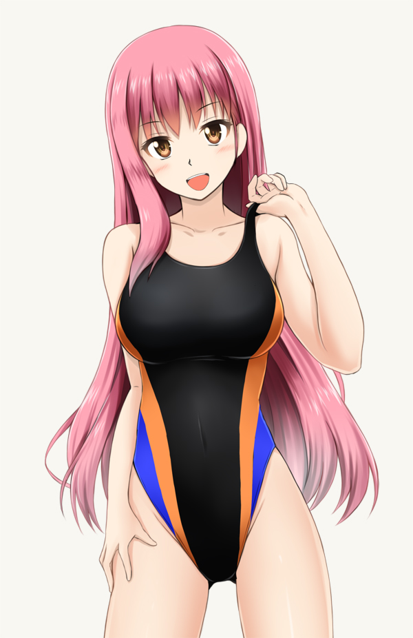 1girl :d adjusting_clothes adjusting_swimsuit brown_eyes collarbone competition_swimsuit covered_navel fuuma_nagi long_hair looking_at_viewer one-piece_swimsuit open_mouth original pink_hair simple_background smile solo swimsuit white_background