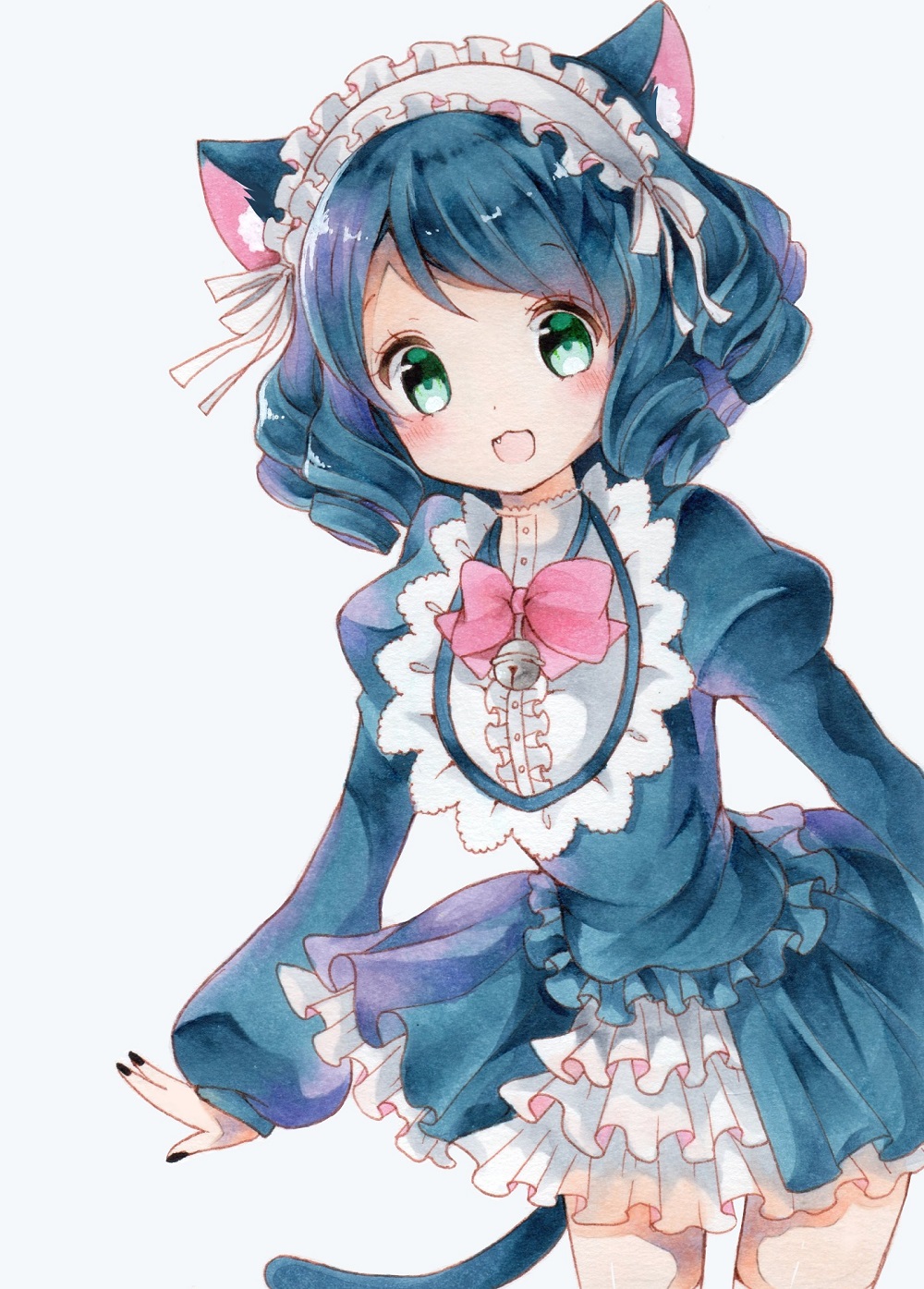 1girl animal_ears artist_request bell black_nails blue_hair blush bow bowtie cat_ears cat_girl cat_tail curly_hair cyan_(show_by_rock!!) fang frilled_skirt frills gothic_lolita green_eyes highres jingle_bell juliet_sleeves lolita_fashion long_sleeves looking_at_viewer maid_headdress nail_polish open_mouth puffy_sleeves show_by_rock!! simple_background skirt solo tail traditional_media