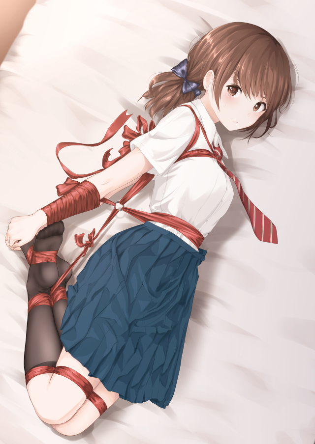 1girl bangs bdsm bed_sheet black_legwear blue_skirt bondage bound bow brown_eyes brown_hair collared_shirt feet hair_bow hands_on_feet hogtie kneehighs light_frown looking_at_viewer lying minagiku necktie no_shoes on_side original pleated_skirt ponytail red_necktie red_ribbon ribbon ribbon_bondage school_uniform shibari shibari_over_clothes shirt short_sleeves skirt socks solo striped striped_necktie white_shirt