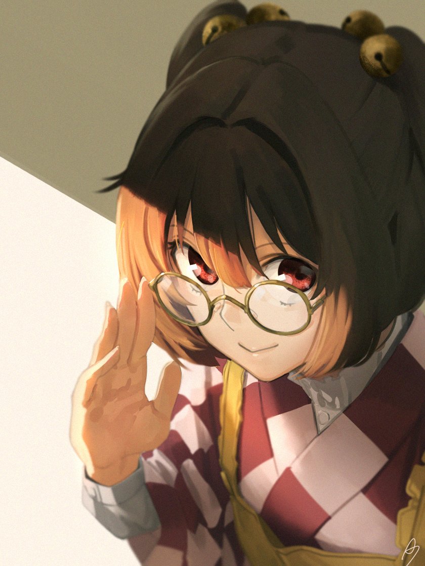 1girl :&gt; adjusting_glasses amino_(tn7135) bell checkered_shirt fingernails from_above glasses hair_bell hair_between_eyes hair_ornament japanese_clothes kimono long_fingernails motoori_kosuzu orange_hair red_eyes shadow shirt solo touhou