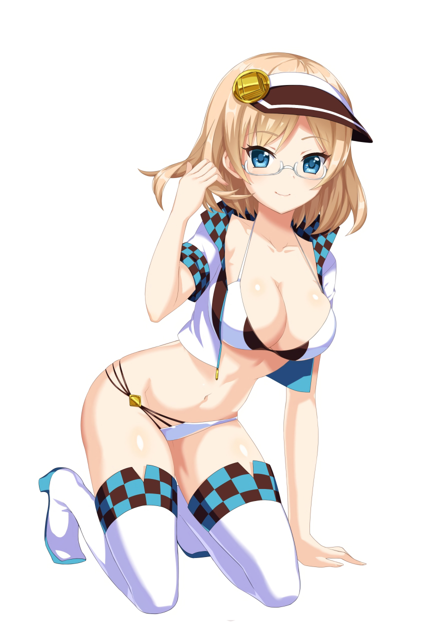 1girl arm_support bikini blue_eyes boots breasts checkered cleavage cropped_jacket full_body glasses halter_top halterneck highres jacket kneeling kure_masahiro large_breasts light_brown_hair looking_at_viewer navel official_art open_clothes open_jacket semi-rimless_glasses shiny shiny_skin short_hair short_sleeves simple_background smile solo swimsuit thigh-highs thigh_boots valkyrie_drive valkyrie_drive_-siren- visor_cap white-framed_eyewear white_background