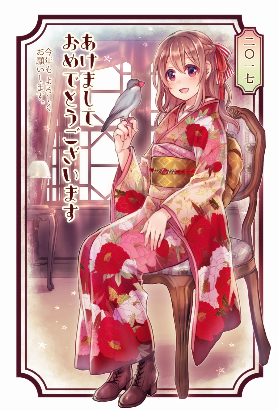 1girl 2017 akeome bangs bird blush boots braid brown_hair chair commentary_request curtains eyebrows_visible_through_hair floral_print framed full_body hair_between_eyes half_updo hand_up happy_new_year highres holding indoors japanese_clothes kimono kotoyoro long_hair long_sleeves looking_at_viewer neme new_year obi open_mouth original pink_eyes red_kimono sash sitting smile solo star translated window year_of_the_rooster