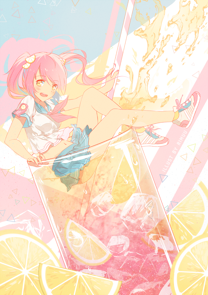 1girl :d bangs blue_skirt blush breasts commentary cup drinking_straw eyebrows_visible_through_hair floating_hair food fruit glass hair_ornament hair_scrunchie ice iced_tea in_container in_cup lemon lemon_slice long_hair medium_breasts minigirl neckerchief open_mouth original pink_hair pleated_skirt rimuu school_uniform scrunchie serafuku shadow shoes short_sleeves skirt smile sneakers solo spilling teeth triangle twintails yellow_eyes
