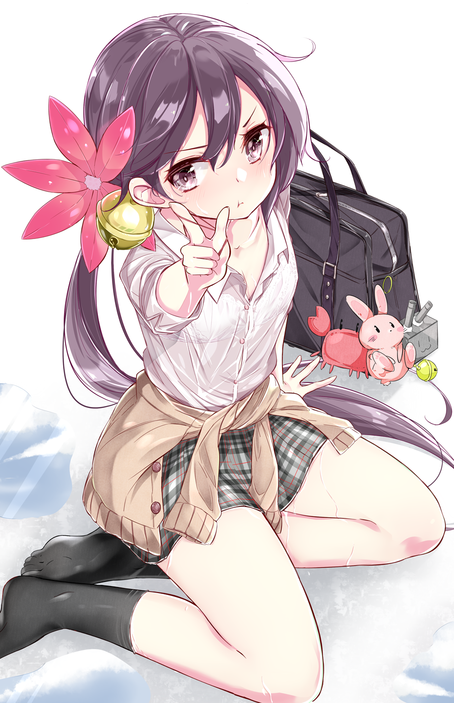 1girl :t akebono_(kantai_collection) bag bell black_legwear black_skirt blouse bra cardigan clothes_around_waist flower hair_bell hair_flower hair_ornament highres kantai_collection kengorou_saemon_ii_sei looking_at_viewer plaid plaid_skirt pointing ponytail pout purple_hair rubber_band school_bag see-through simple_background sitting skirt socks solo underwear violet_eyes wet white_blouse