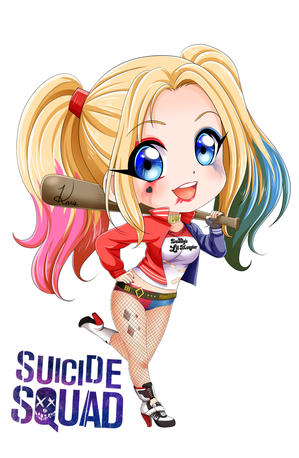 1girl baseball_bat belt blue_eyes bracelet chocker hand_on_hip harley_quinn heels highres hotpants jacket makeup multicoloured_hair solo stomach stomach_top suicide_squad tagme thick_thighs tights twin_tails
