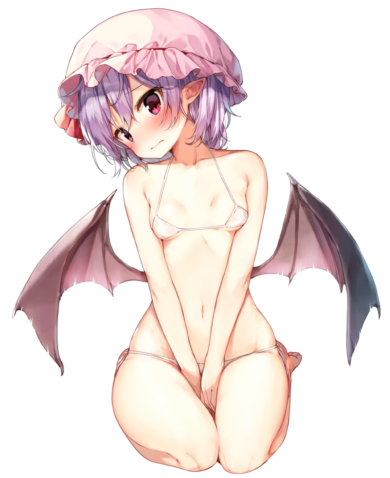 1girl bare_legs barefoot bat_wings between_thighs bikini blue_hair blush breasts commentary_request embarrassed full_body hat head_tilt looking_at_viewer low_wings micro_bikini navel pink_eyes pointy_ears remilia_scarlet shinoba short_hair side-tie_bikini simple_background sitting small_breasts solo string_bikini swimsuit touhou wariza white_background white_bikini wings