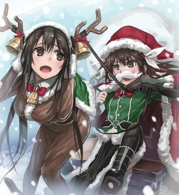 2girls antlers bell bent_over black_hair black_legwear boots brown_eyes brown_hair chikuma_(kantai_collection) christmas fake_mustache hat jingle_bell kantai_collection lif long_hair multiple_girls pelvic_curtain pony_play santa_hat sled thigh-highs tone_(kantai_collection) very_long_hair