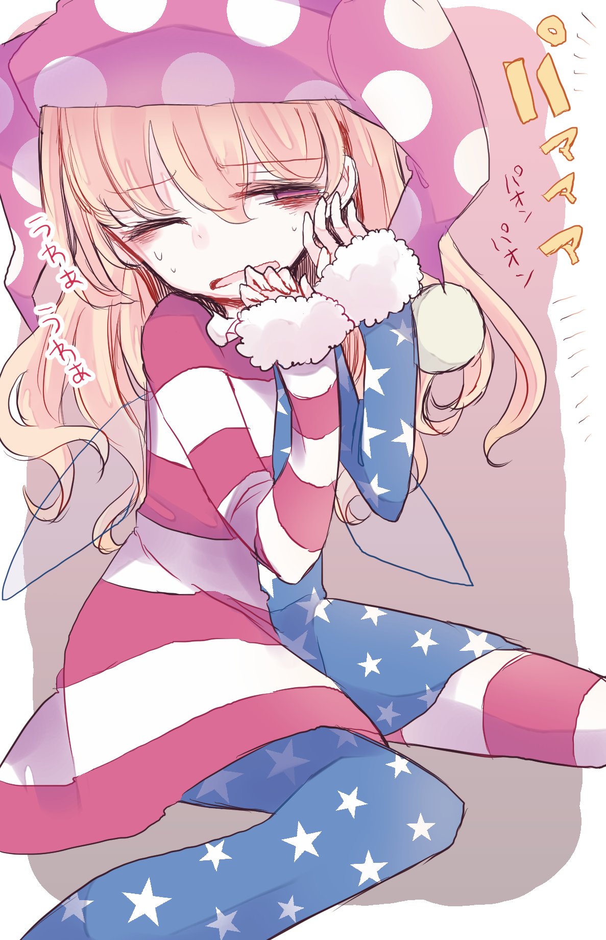 1girl american_flag american_flag_dress american_flag_legwear american_flag_shirt blonde_hair clownpiece commentary_request d; dress fairy fairy_wings frilled_shirt_collar frills hat highres jester_cap leggings long_hair long_sleeves nagi_(nagito) neck_ruff one_eye_closed open_mouth pantyhose pink_eyes polka_dot print_legwear solo star star_print touhou translation_request very_long_hair wings