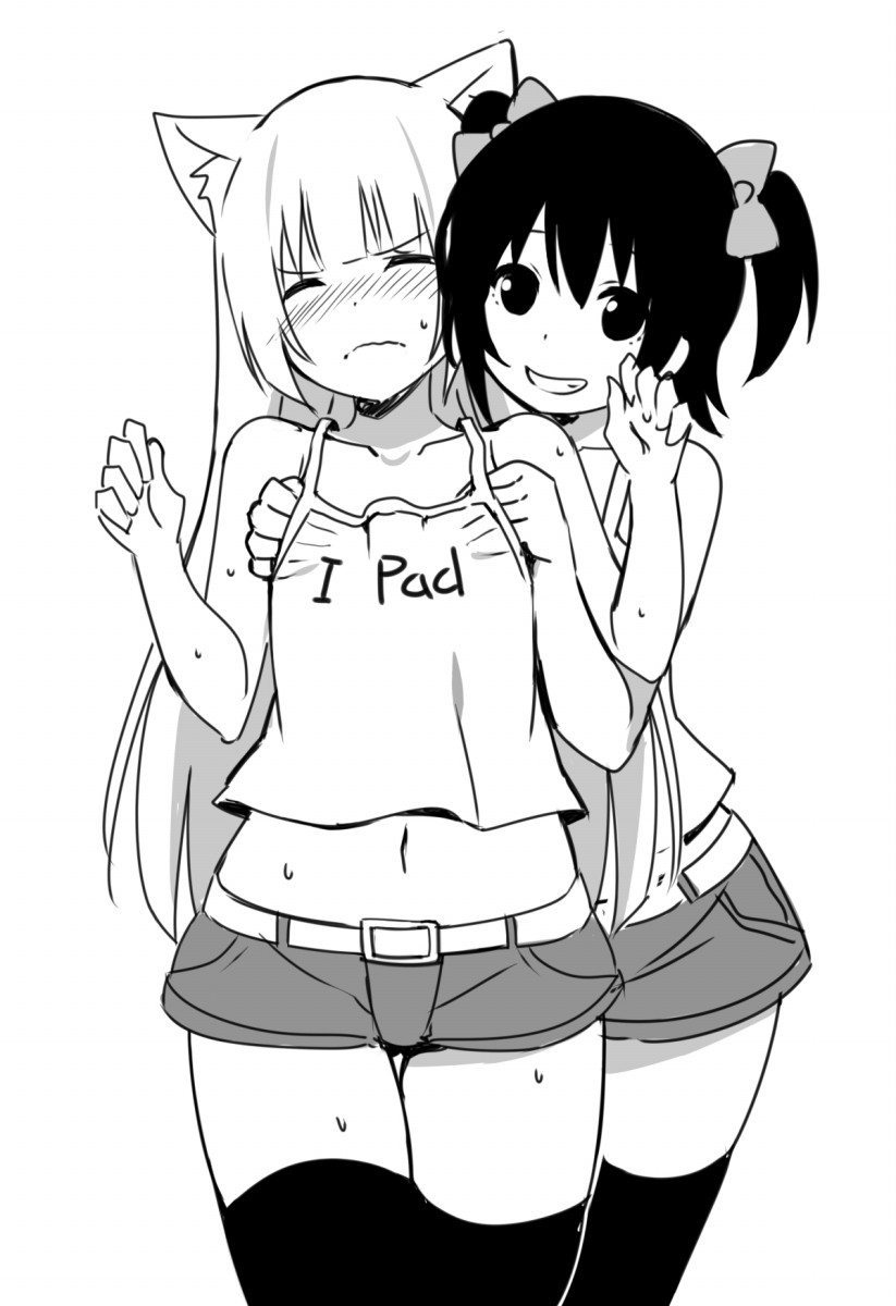 2girls animal_ears bangs behind_another black_legwear blush camisole cat_ears closed_mouth collarbone cowboy_shot crop_top crop_top_overhang eyebrows_visible_through_hair frown full-face_blush grabbing grabbing_from_behind grin hair_ribbon hands_up highres long_hair midriff monochrome multiple_girls navel original ribbon short_hair short_shorts shorts sky_(freedom) sky_(sky-freedom) smile sweat sweatdrop teeth thigh-highs thighs twintails two_side_up wavy_mouth