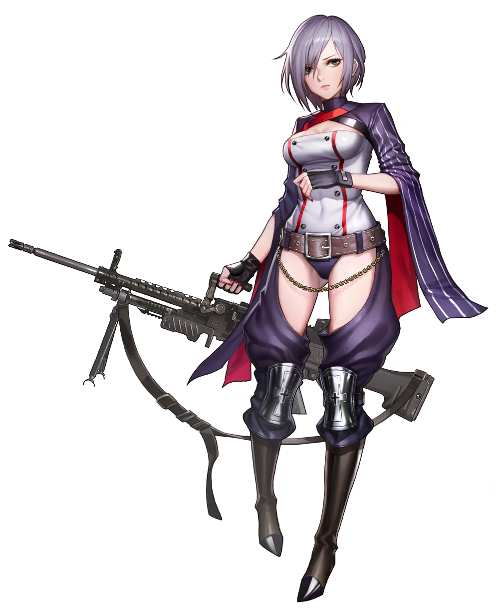 1girl artist_request belt boots breasts chains female fingerless_gloves full_body gloves gluteal_fold green_eyes gun heavy_machine_gun highres looking_to_the_side machine_gun short_hair silver_hair simple_background solo walking weapon wide_sleeves