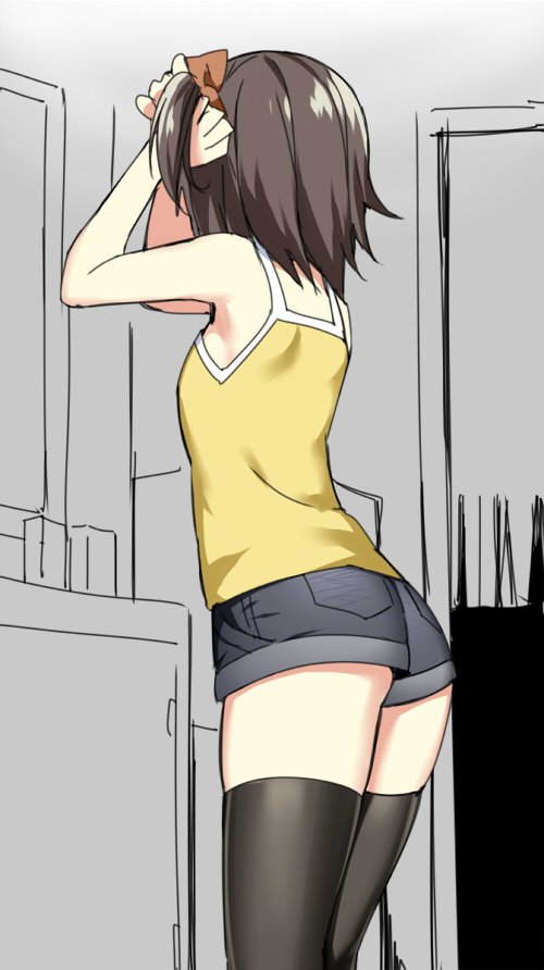 1girl armpits arms_up bedroom black_legwear breasts brown_hair camisole curtains denim denim_shorts from_behind hairdressing indoors original short_shorts shorts sketch sky_(freedom) sky_(sky-freedom) small_breasts solo standing thigh-highs thighs two_side_up tying_hair