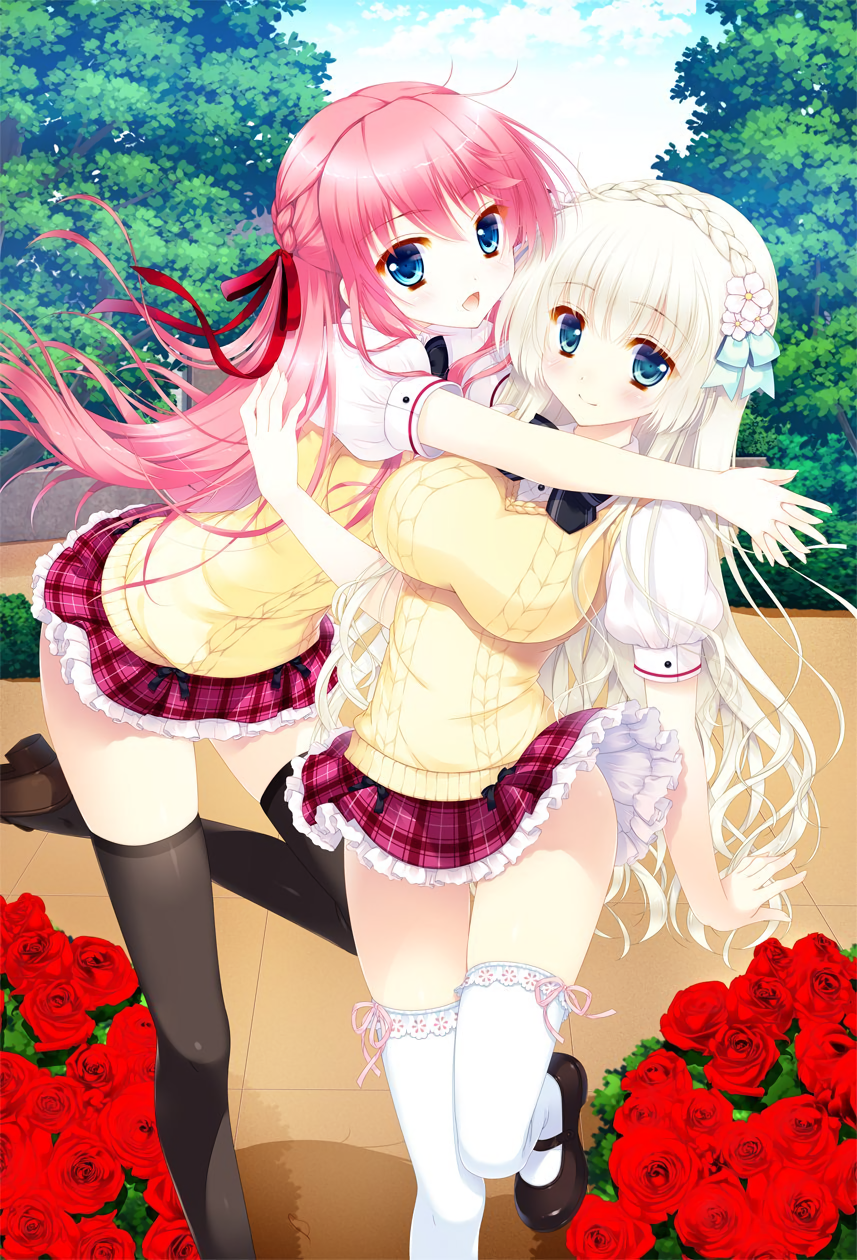 2girls :d aqua_eyes artist_request black_bow black_legwear blue_eyes blush bow bowtie braid breasts character_request copyright_request couple eyebrows_visible_through_hair female flower french_braid frilled_skirt frills hair_flower hair_ornament hair_ribbon happy highres hug large_breasts leg_up legs long_hair looking_at_viewer mary_janes miniskirt multiple_girls open_mouth outdoors pink_hair plaid plaid_skirt puffy_sleeves red_ribbon red_rose ribbon rose school_uniform shoes short_sleeves skirt smile standing_on_one_leg sweater_vest thigh-highs white_hair white_legwear wind wind_lift