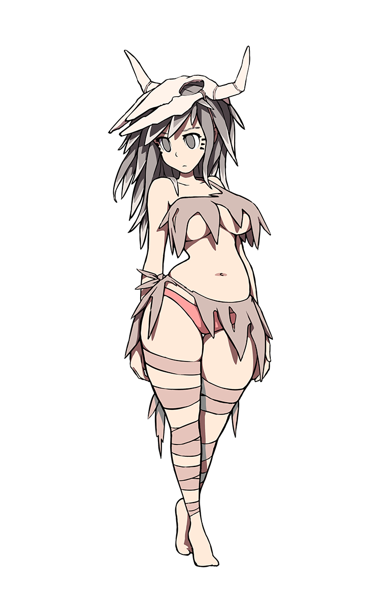 1girl bare_arms bare_shoulders barefoot breasts closed_mouth grey_hair highres hips large_breasts mercury original panties red_panties simx skull solo thick_thighs thighs torn_clothes tribal under_boob underwear white_background wide_hips