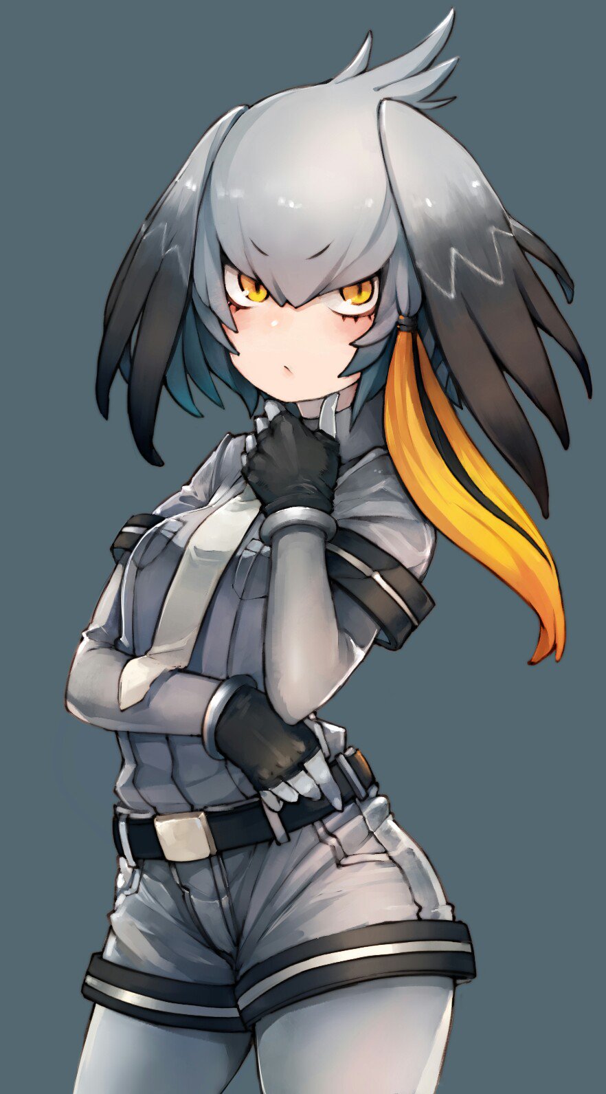 1girl bangs belt belt_buckle bird_wings black_belt black_gloves black_hair bodystocking breast_pocket breasts buckle chobi_(sakuyasakuhana) closed_mouth collared_shirt cowboy_shot crossed_arms eyebrows_visible_through_hair fingerless_gloves fingernails gloves grey_background grey_hair grey_legwear grey_necktie grey_shirt grey_shorts hair_between_eyes hair_ornament hair_tie hand_on_own_chin hand_up head_wings highres kemono_friends legs_apart long_hair long_sleeves looking_at_viewer low_ponytail multicolored_hair necktie orange_eyes orange_hair pantyhose pocket shirt shoebill_(kemono_friends) short_sleeves shorts side_ponytail silver_hair simple_background sleeve_cuffs small_breasts solo tsurime two-tone_hair wing_collar wings