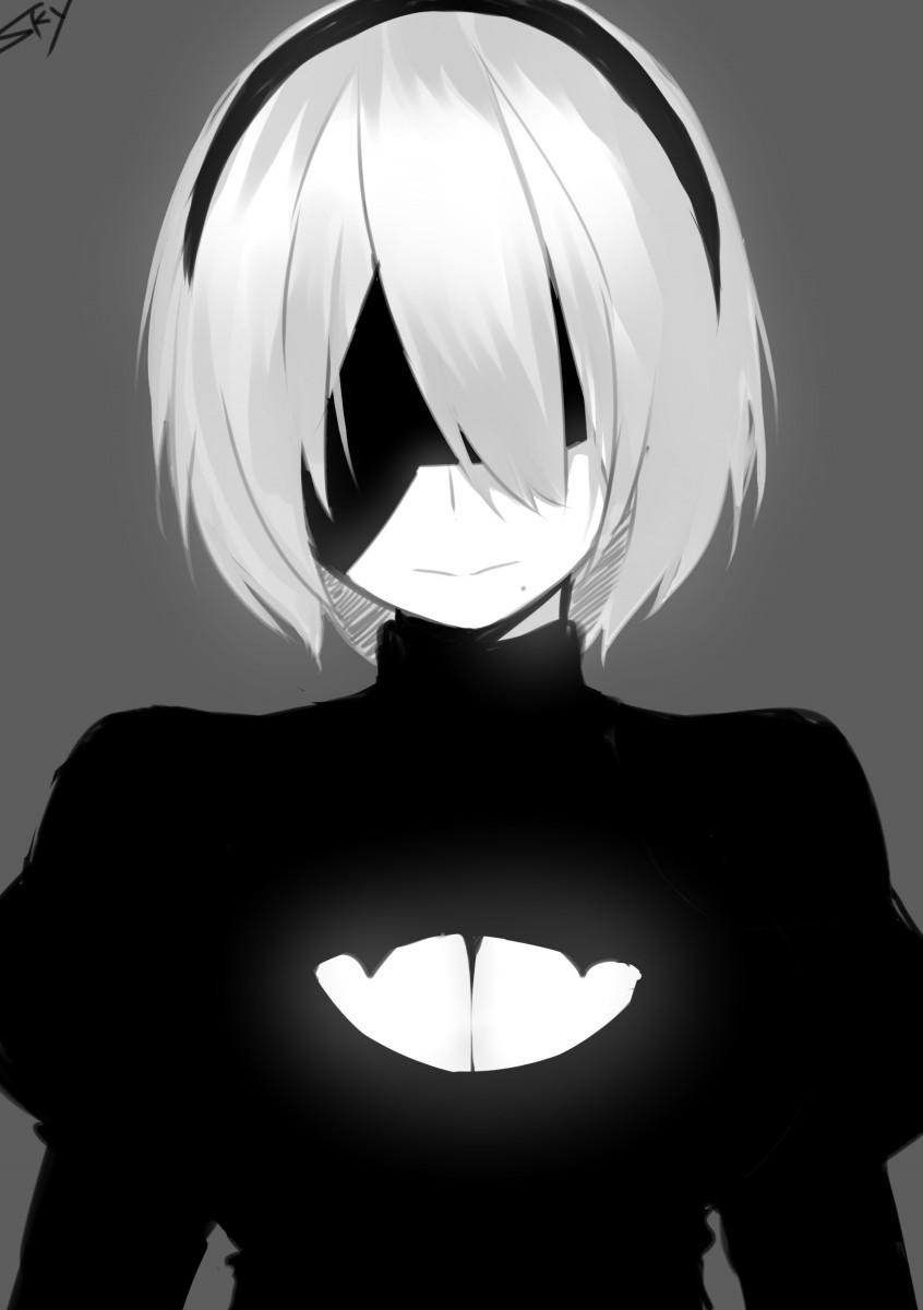 1girl artist_name bangs blindfold breasts center_opening cleavage closed_mouth facing_viewer grey_hair greyscale hairband highres juliet_sleeves large_breasts long_sleeves mole mole_under_mouth monochrome nier_(series) nier_automata puffy_sleeves short_hair signature sky_(freedom) solo turtleneck upper_body yorha_no._2_type_b