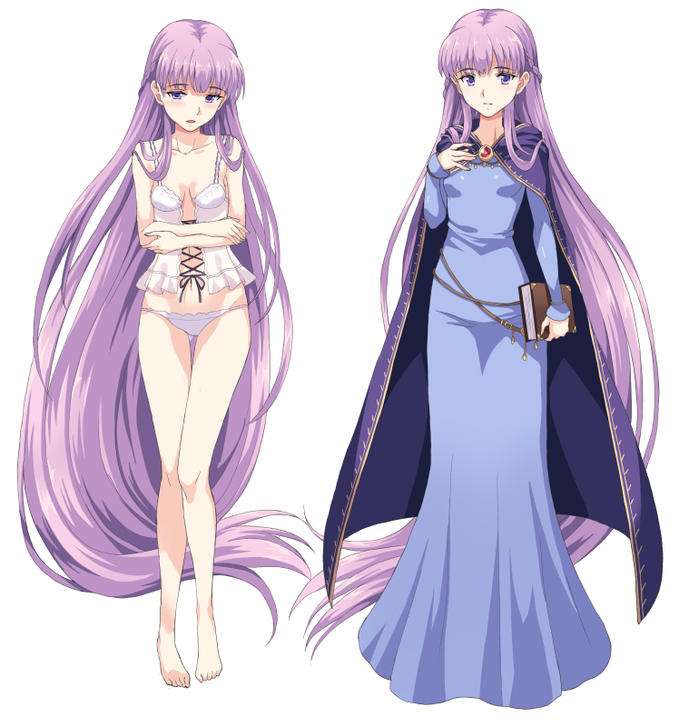 1girl absurdly_long_hair barefoot blue_dress book cape crossed_arms dress fire_emblem full_body holding holding_book long_hair looking_at_viewer purple_hair rasahan sofiya solo underwear very_long_hair violet_eyes