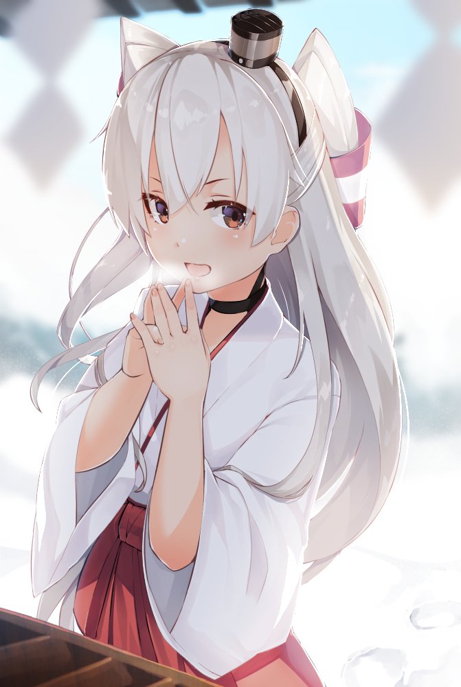 1girl amatsukaze_(kantai_collection) blonde_hair blurry box brown_eyes choker commentary_request depth_of_field donation_box hair_tubes hairband hakama hands_together hat japanese_clothes kantai_collection long_hair long_sleeves looking_at_viewer meth_(emethmeth) miko mini_hat open_mouth red_hakama shide smile solo steaming_breath twintails wide_sleeves