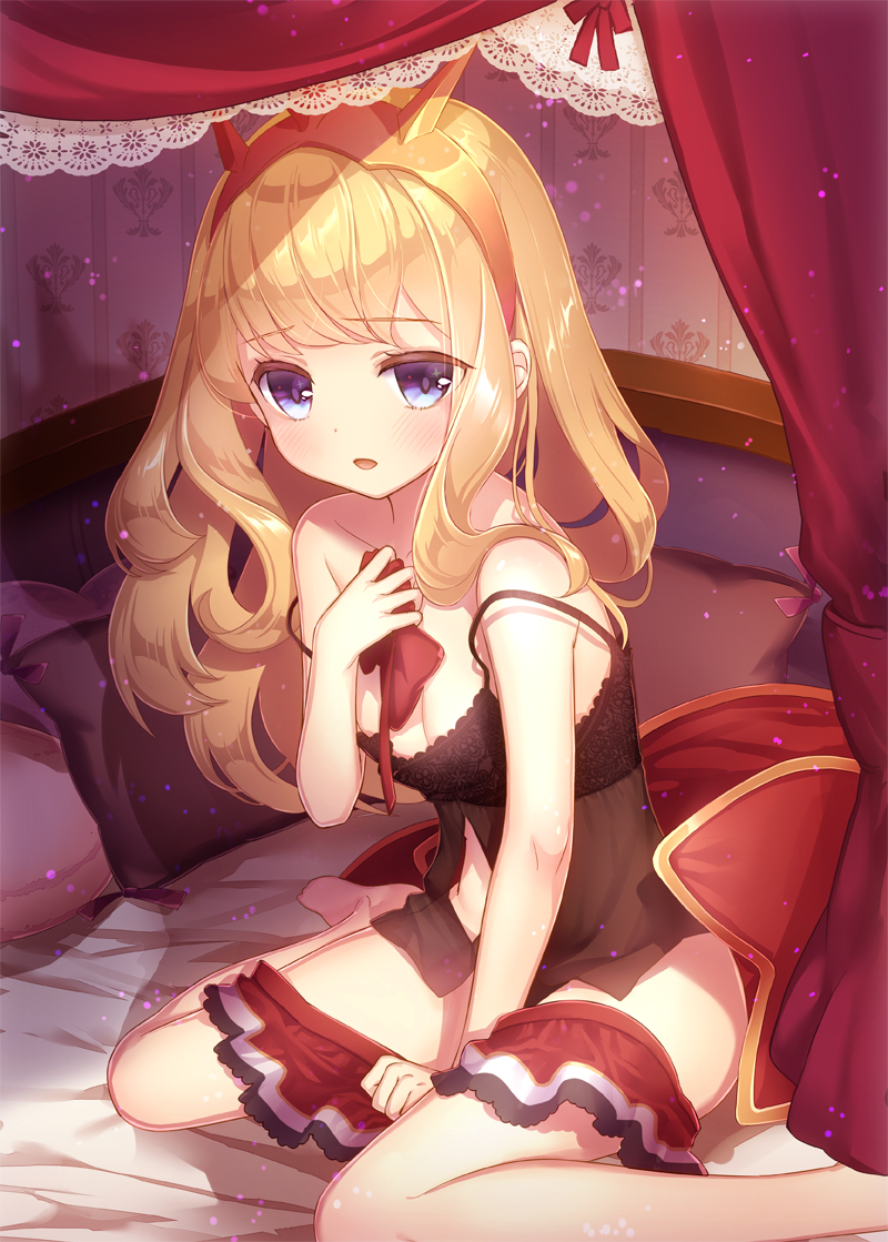 1girl babydoll bangs bare_arms bare_legs bare_shoulders barefoot bed bedroom between_legs blonde_hair blue_eyes blush bow bowtie_removed breasts cagliostro_(granblue_fantasy) cleavage collarbone curtains eyebrows_visible_through_hair granblue_fantasy hairband hand_between_legs hand_on_own_chest holding indoors lace_trim light_particles long_hair looking_at_viewer on_bed parted_lips patori pillow red_bow red_skirt shiny shiny_hair sitting skirt skirt_pull small_breasts solo spaghetti_strap stomach strap_slip wall wallpaper_(object)
