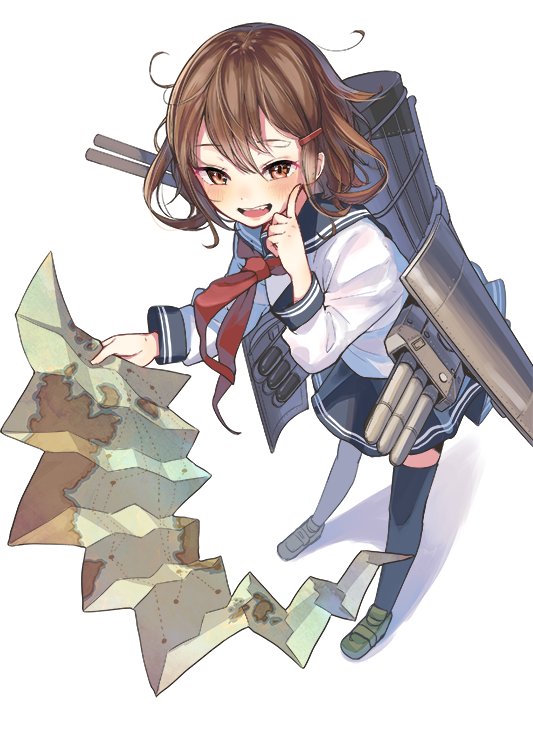 1girl black_legwear blush brown_eyes brown_hair finger_to_cheek from_above hair_ornament hairclip holding_paper ikazuchi_(kantai_collection) index_finger_raised kantai_collection loafers long_sleeves looking_at_viewer machinery map neckerchief open_mouth sailor_collar school_uniform serafuku sheep_sleep shoes short_hair simple_background smile solo thigh-highs torpedo turret white_background