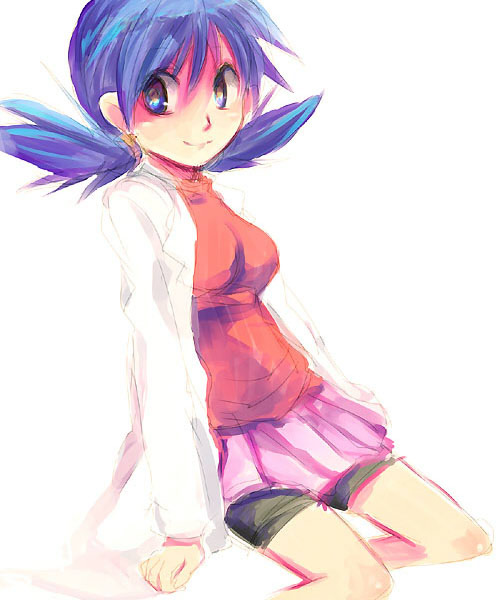 1girl artist_request bike_shorts blue_eyes blue_hair breasts crystal_(pokemon) female jacket matching_hair/eyes pokemon pokemon_special sitting skirt smile solo source_request twintails