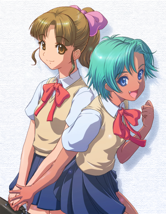 aqua_hair blue_eyes bow brown_eyes brown_hair dark_skin fang hair_bow matsudo_aya multiple_girls original ponytail school_uniform short_hair skirt smile sweater_vest