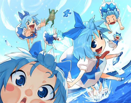 against_glass blue_eyes blue_hair blush_stickers cirno clone close-up excited face flying frog frogs kanji open_mouth outstretched_arms shaa_(halleluya) short_hair shue sky smile splash spread_arms touhou water |_|