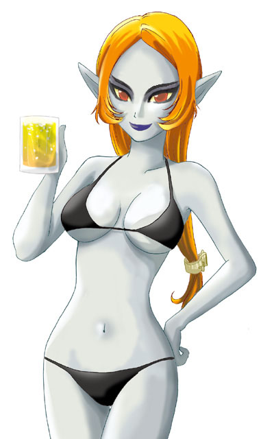 alcohol beer bikini midna nintendo orange_hair pointy_ears ponytail red_eyes swimsuit the_legend_of_zelda