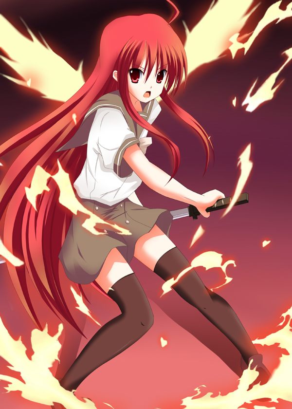 fiery_wings fire long_hair red_eyes red_hair redhead school_uniform shakugan_no_shana shana sword thigh-highs thighhighs weapon wings yuurakudou_kurono zettai_ryouiki