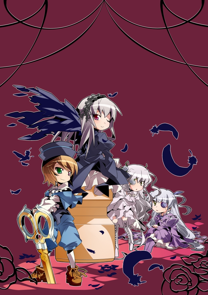 brown_hair feathers flower green_eyes hairband hat heterochromia kirakishou long_hair multiple_girls nyuusankin red_eyes ribbon ribbons rose rozen_maiden scissors short_hair silver_hair souseiseki suigintou wings wink