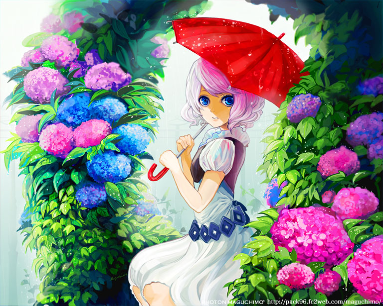 flower hydrangea maguchimo pink_hair short_hair umbrella